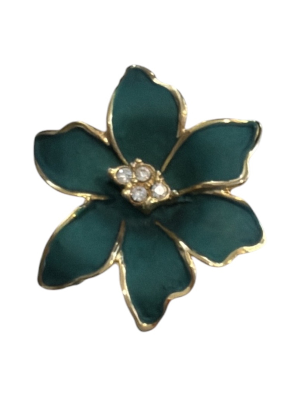 Vintage Green Enamel Flower Brooch with Rhinestone Center